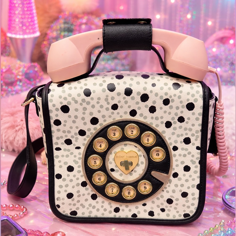 NWOT Y2K Vintage Betsey Johnson Navy and Grey Polka Dot Phone Shoulder Bag